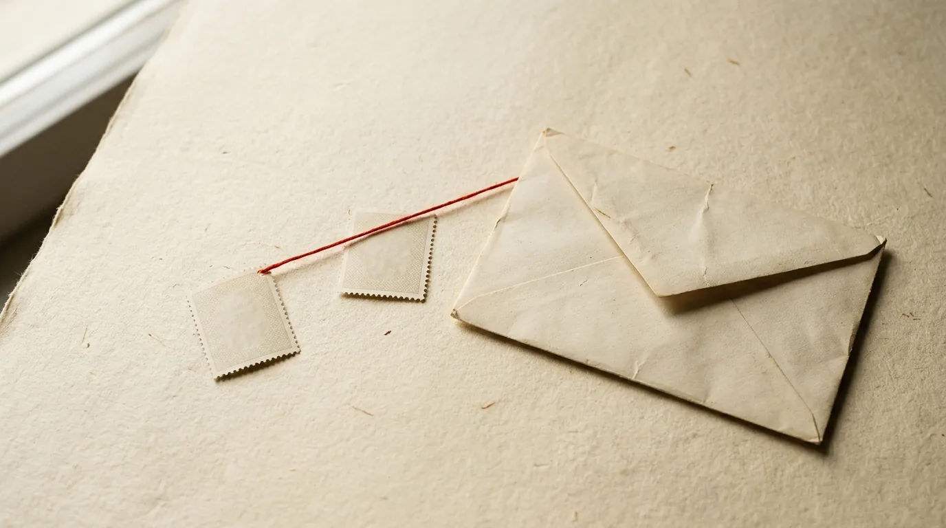 Two stamps and an airmail envelope joined by a vermilion thread