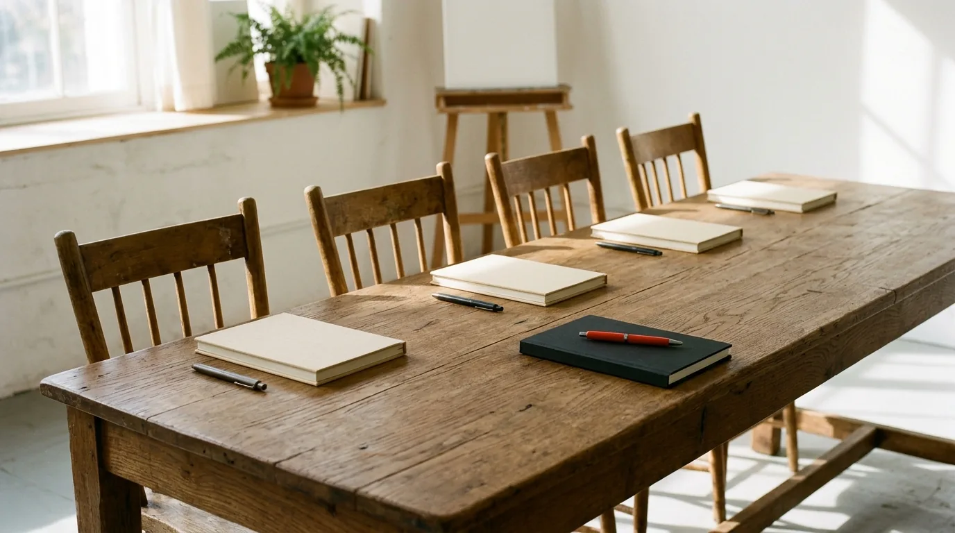 A long worktable with empty chairs and a notebook at each seat
