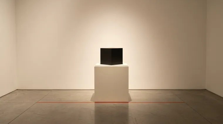 A black box on a white plinth in a bright gallery