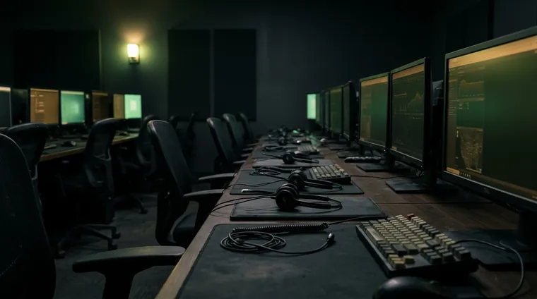 A quiet operations room at night with headsets resting on the desks