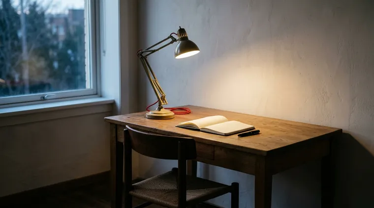 A desk with a lamp and an open notebook at dawn