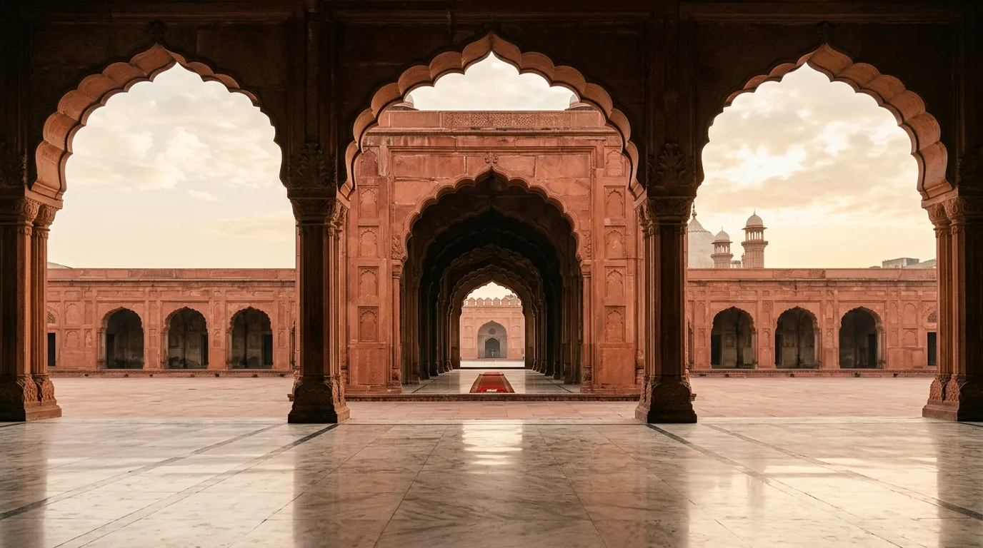 Red sandstone arches of the Badshahi Mosque in Lahore