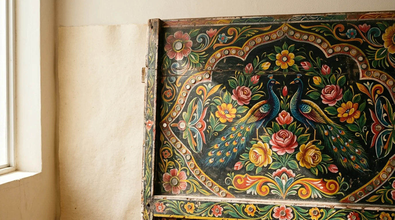 A hand-painted Pakistani truck art panel with flowers and peacocks