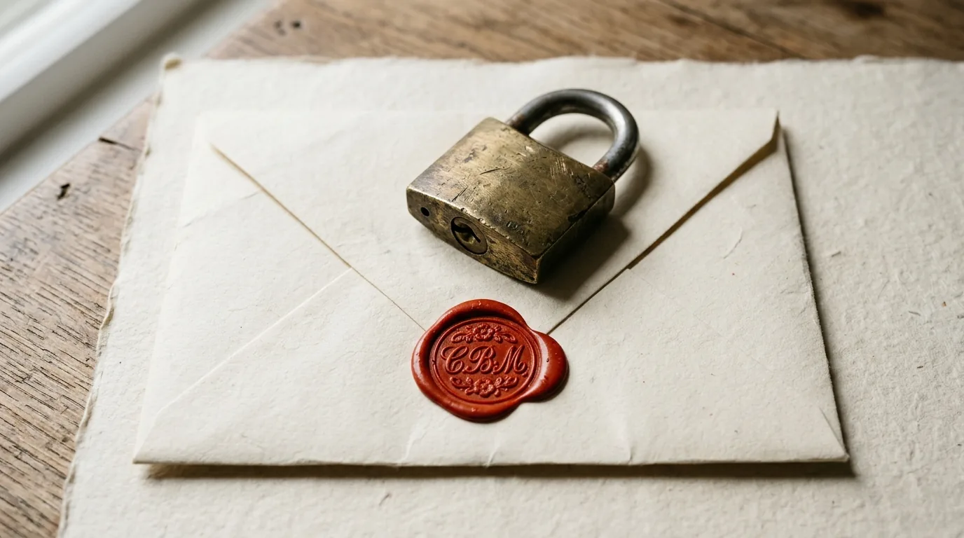 A brass padlock on a letter sealed with vermilion wax